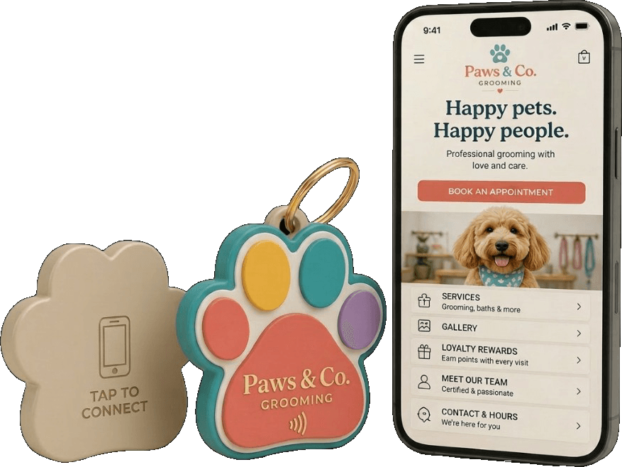 Paw-shaped NFC keepsake for Paws & Co. Grooming next to a phone showing their booking page