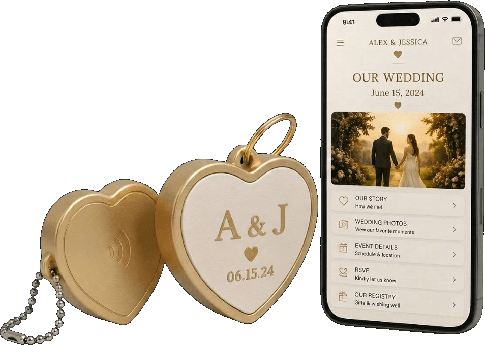 Heart-shaped gold NFC keepsake engraved with initials next to a phone showing a wedding page