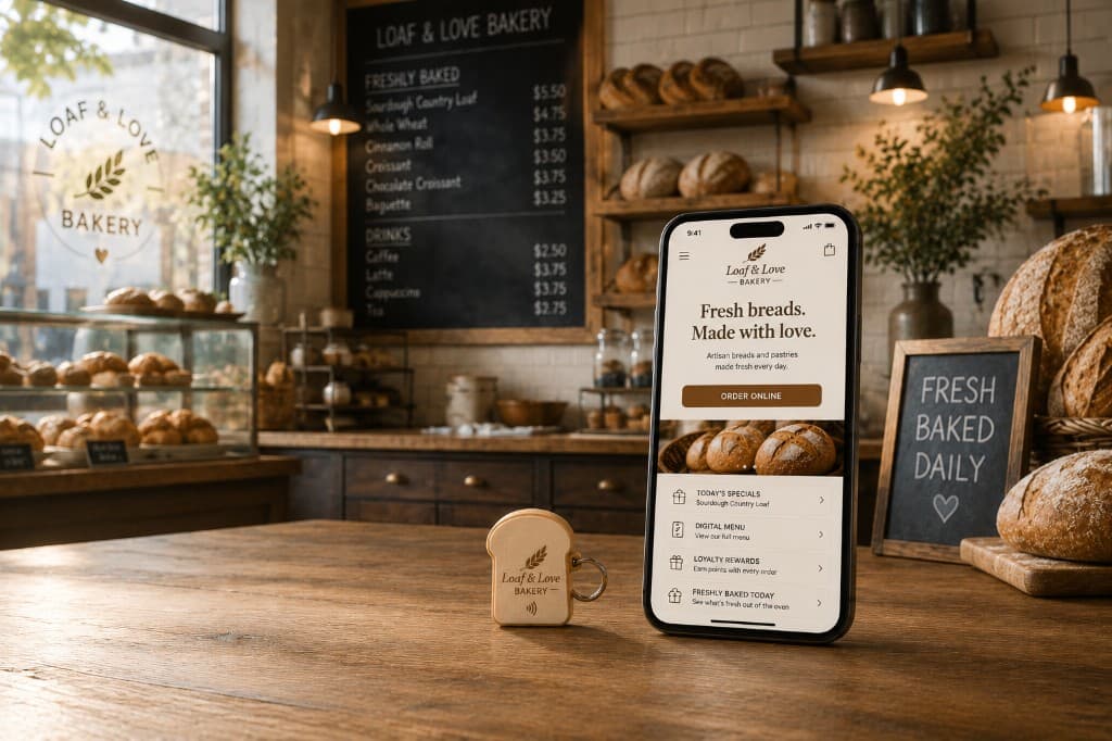 Toast-shaped NFC charm next to a phone showing a bakery's menu and rewards page