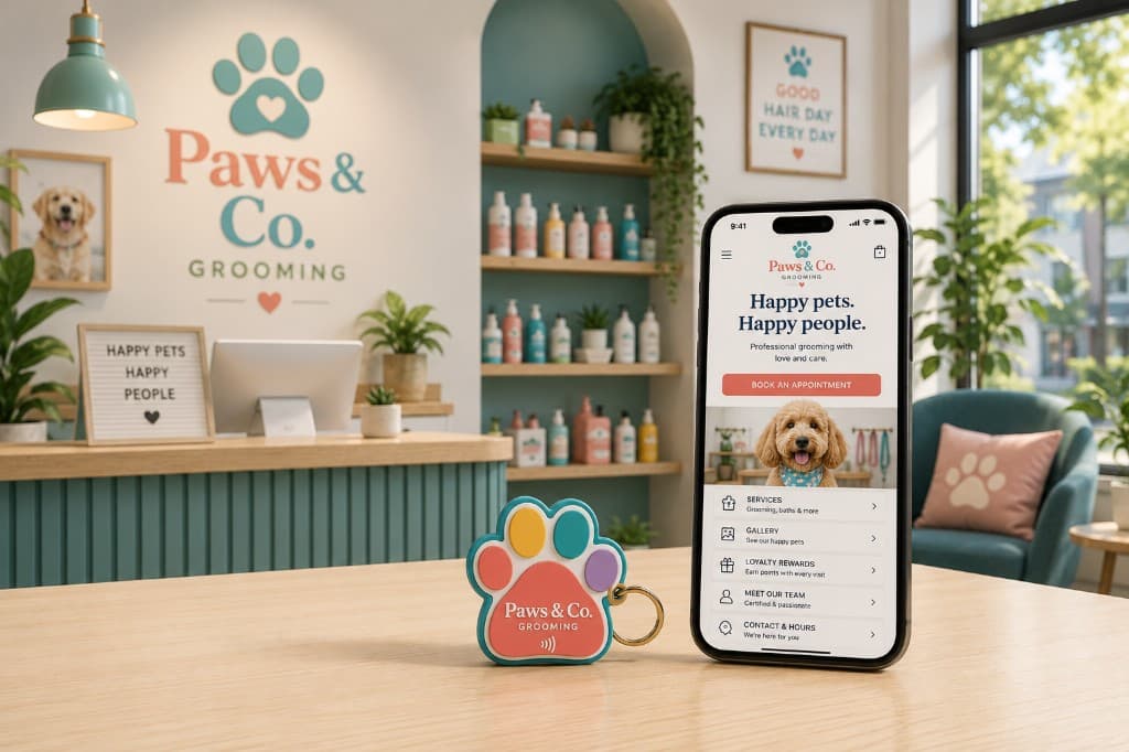 Paw-shaped NFC tag next to a phone showing a pet grooming booking page