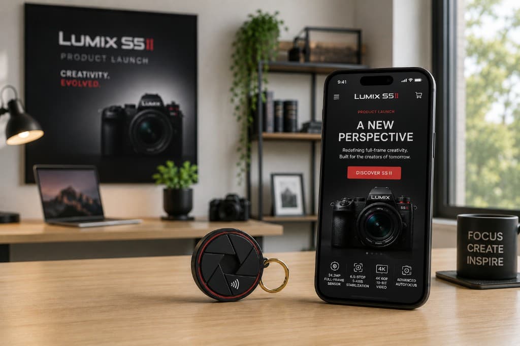 Aperture-shaped NFC keepsake next to a phone showing a camera product launch page