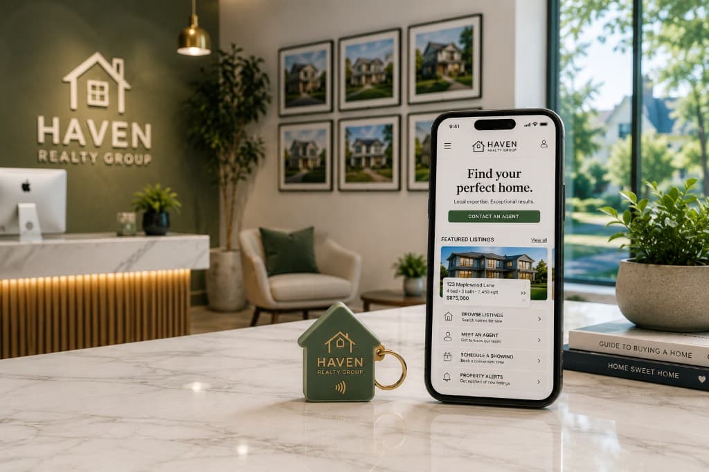 House-shaped NFC keepsake next to a phone showing a realty group's listings page